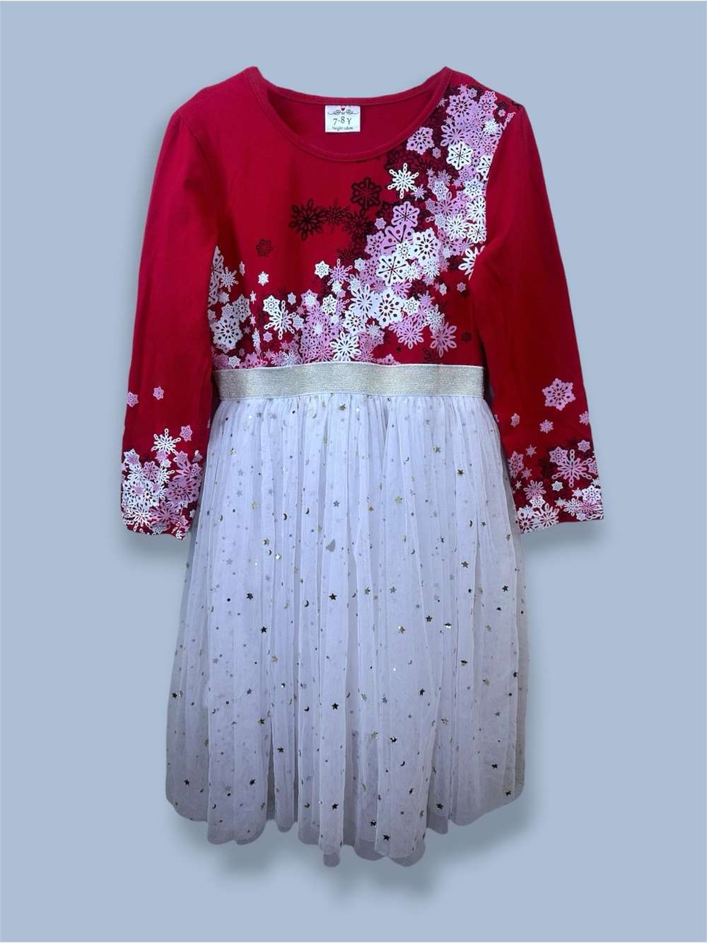 Girls Red and White Snowflake Tulle Dress - Size 7-8Y (S)